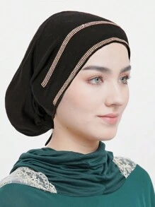 1件装女士纯色水钻内衬头巾，弹性发带设计，内衬头巾，优雅时尚，适合日常佩戴和祈祷时穿着。 - 雙排燙鑽綁帶帽 - 查看 5