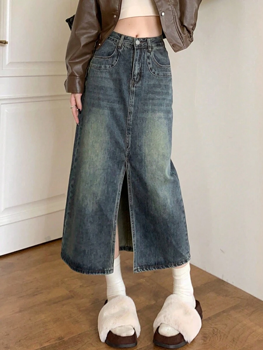 女式渐变色长款牛仔半身裙 - 藍色 - 查看 1