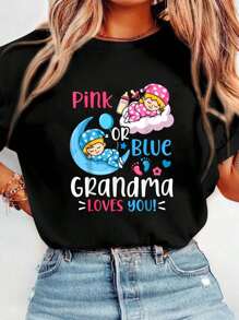 Gender Reveal Pink Or Blue Grandma Loves You T-Shirt Crew Neck Short Sleeve T-Shirt, Casual Print Graphic Cotton Tees Women Tops