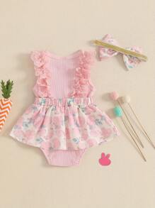 Peleles para niñas, vestidos de Pascua, encaje con volantes, estampado de huevos de Pascua, falda con dobladillo, monos para bebés con diadema - Rosa - Ver 6