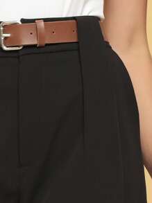 Elegant Women's Long Trousers With Belt Straight And Plain Model High Waist With Buttons And Zipper Elegant Tailoring Fabric / Daily / 2024 - Black - View 4