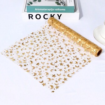 1 pieza Elegante camino de mesa estampado con estrella dorada y luna, de acabado metálico en material de poliéster para decorar atmósferas en bodas, hogar, cocina, cumpleaños, cenas y eventos