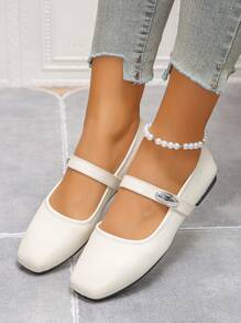 Cross-Border Plus Size 36-43 French Mary Jane White Strap Square Toe Flat Shoes, Casual Work Fashion Versatile Lightweight Comfortable Soft Ballet Flats For Women, Spring/Autumn