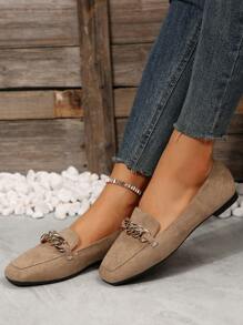 女士金属链方头低跟休闲芭蕾平底鞋，舒适乐福鞋适合日常穿着、办公室、春秋季通勤，卡其色