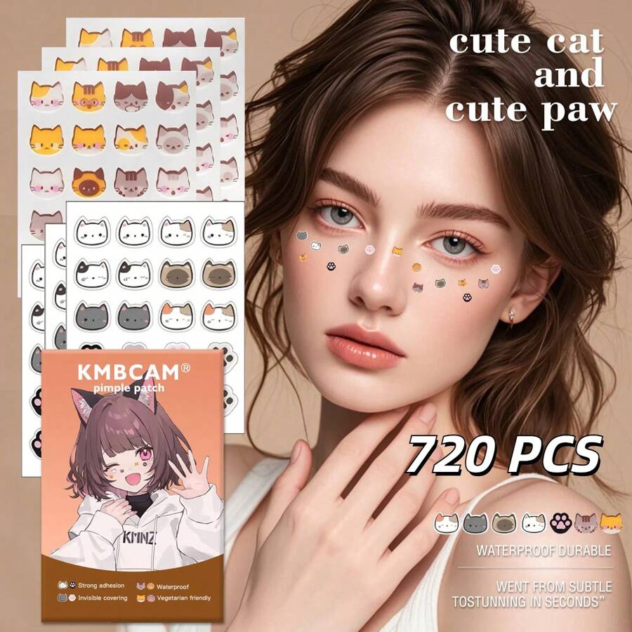 720 片可爱猫爪形痘痘贴，面部贴 - 无香型，不含防腐剂 - 男女通用，适合所有肤质，无香型，不含任何成分 - 彩色 - 查看 1