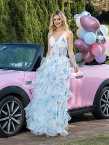 优雅浪漫荷叶边花卉印花网眼覆盖下摆开叉正式派对礼服、晚礼服、夏季度假礼服。音乐派对、婚礼宾客礼服