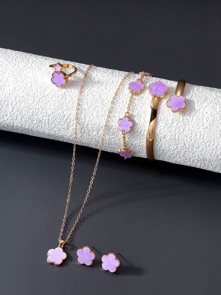 Set de 6 piezas con aretes, collar, pulsera y anillo con diseño de trébol, versátil y con suerte, regalo para el Día de San Valentín, Día de la Madre