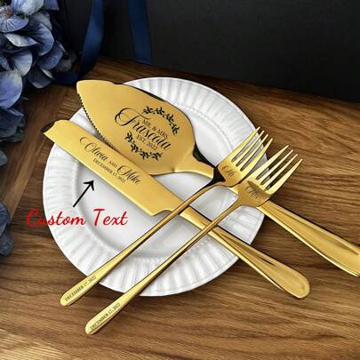 4pcs Personalized Wedding Cake Set Custom Engraved Silver Pie Pastry Cutting Kit Anniversary Housewarming Keepsake For Couple Forks, Knife Sliver, Stainless Steel Cutlery, Cake Cutting Set