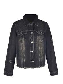 Women's Distressed Washed Denim Jacket, Suitable For Autumn - Dark Grey - View 6
