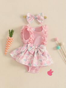 Peleles para niñas, vestidos de Pascua, encaje con volantes, estampado de huevos de Pascua, falda con dobladillo, monos para bebés con diadema - Rosa - Ver 5