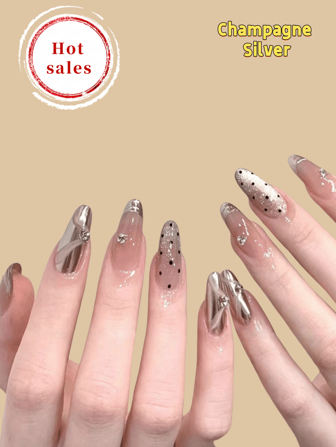 24Pcs Set Diamond-Encrusted Nude Stiletto Cat Eye Polka Dot Removable Fake Simple Fashionable Versatile European-American Style Nail Tips, Featuring A Classy Design Suitable For Balls, Dates, Parties, Home And Daily Wear, Ideal Gift For Fashionable Ladies & Girls, Today'S Order Includes 1 Pack Of Nail Tips And 1 Nail File Press On Nails Nail Supplies Nails