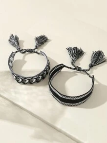 2 件波西米亚风编织刺绣可调节友谊手链