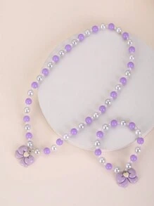 2 件套儿童紫色蝴蝶结串珠项链和手链套装