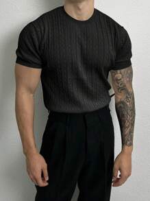 Men's Short Sleeve Twist Rope Crew Neck Knitted Sweater, Summer - Black - View 5