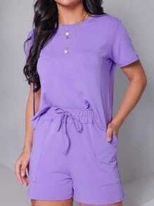 Women's Set In Fleece Fabric Comprising Shorts And Short Sleeve Cropped Top - 紫丁香色 - 查看 4