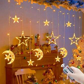 1pc 3.5M 126LED Moon Star Fairy String Lights Indoor Home Curtain Icicle Fairy Light Christmas Party Window Decoration