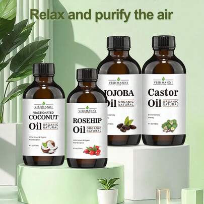 1PC Pure Plant Base Humidifying Essential Oil For Home Living Room Bedroom Bathroom Car Aromatherapy Refill, Golden Jojoba Oil Fractionated Coconut Oil Castor Oil Rose Hip Oil 118ml/4fl.Oz