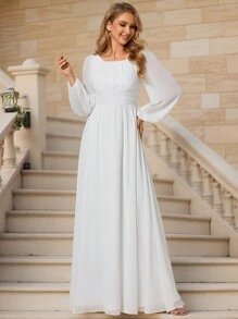 Elegant Wedding Dresses For Bride Chiffon White Dress Round Neck Lantern Sleeve Bridesmaid Dress Wedding Guest Gown For Wedding Formal Dresses