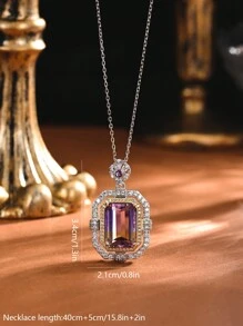 1pc Elegant & Luxurious 925 Sterling Silver Amethyst & Citrine Crystal Pendant Necklace, Square Glamorous Sparkling Cubic Zirconia Encircled Clavicle Chain Sweater Necklace, Purple & Yellow Ombre Crystal High-End Necklace For Women, Perfect For Party, Evening Gown - Silver - View 3