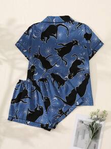 2pcs Women Black Cat Print V-Neck Button Short Sleeve Top And Pants Pajama Set, Comfortable Summer Sleepwear For Home Wear - Blue - View 2