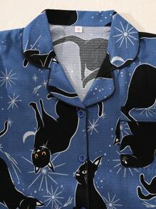 2pcs Women Black Cat Print V-Neck Button Short Sleeve Top And Pants Pajama Set, Comfortable Summer Sleepwear For Home Wear - Blue - View 3
