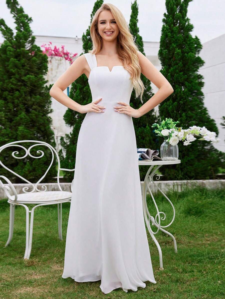 Simple Chiffon Bridesmaid Dress with Square Neck White Plus Size