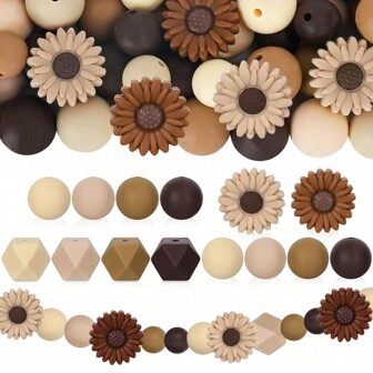 26pcs/38pcs/100pcs Daisy Flower Silicone Beads, Assorted Yellow, Green, White, Khaki Round & Hexagonal Shape Loose Rubber Beads, Suitable For DIY Jewelry, Necklace, Keychain, Beaded Pen And Other Home Decor Crafts Valentines