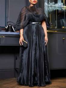 GLOURI Naija Style Black Pleated Maxi Dress - Elegant Mesh Formal Gown With Stretchy Maternity Waist, Nigerian Wedding Guest Dress For Photoshoots/Birthday Parties/African Events (Long Sleeve) - 黑色 - 查看 4