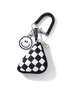 1 件棋盘耳机包钥匙包书包吊坠黑白格子迷你可爱口袋三角形钱包旅行迷你便携式耳机包钱包收纳盒珠宝配饰盒女士钱包迷你钱包钱包钱包腕包钱包零钱包 - 黑與白 - 查看 3