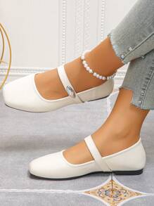Cross-Border Plus Size 36-43 French Mary Jane White Strap Square Toe Flat Shoes, Casual Work Fashion Versatile Lightweight Comfortable Soft Ballet Flats For Women, Spring/Autumn