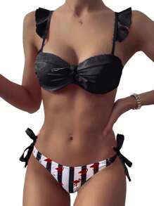 Women's 2Pcs Bathing Suit, Ruffle Sleeve Tie Knot Crop Tops + Striped Bikini Bottom Set Swimsuit - Black - View 1