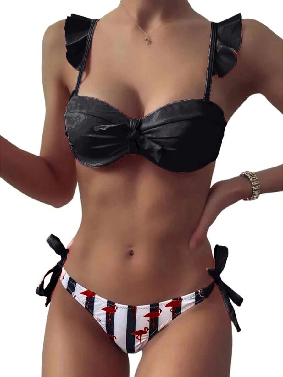 Women's 2Pcs Bathing Suit, Ruffle Sleeve Tie Knot Crop Tops + Striped Bikini Bottom Set Swimsuit - Black - View 1