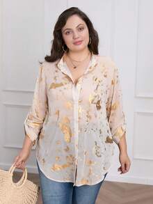 Women Plus Size Gold Foil Long Sleeve Single Breasted Loose Casual Blouse
