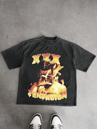 تي شيرت رجالي كاجوال ذو رقبة مستديرة وأكمام قصيرة، باللون الأسود المغسول بالرمل