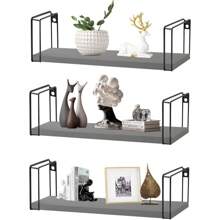 3x Floating Shelves Wooden Wall Mounted Shelves Storage And Display Racks Metal Brackets For Kitchen Bathroom Bedroom Living Room Office Rustic StyleRoom Decor - Grey - View 1