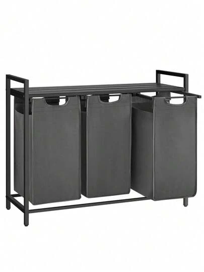  VASAGLE Cesto para Ropa Sucia, Cesta Colada, 3 Bolsas Colada de Tela Oxford Extraíble y Desmontable, 3 x 38 L, 92.5 x 33 x 72 cm, Estante, Marco Metálico, Negro y Gris