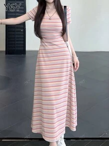 Spring/Summer Dopamine Colorful Striped Round Neck Short Sleeve Fitted Waist Long Dress For Women