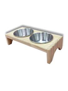 Comedouro PEQUENO para gatos ou cachorros de pequeno porte agua e ração 2 potes de alumínio com base de madeira de Pinus finger Mini Madeira natural Pets Pequeninos