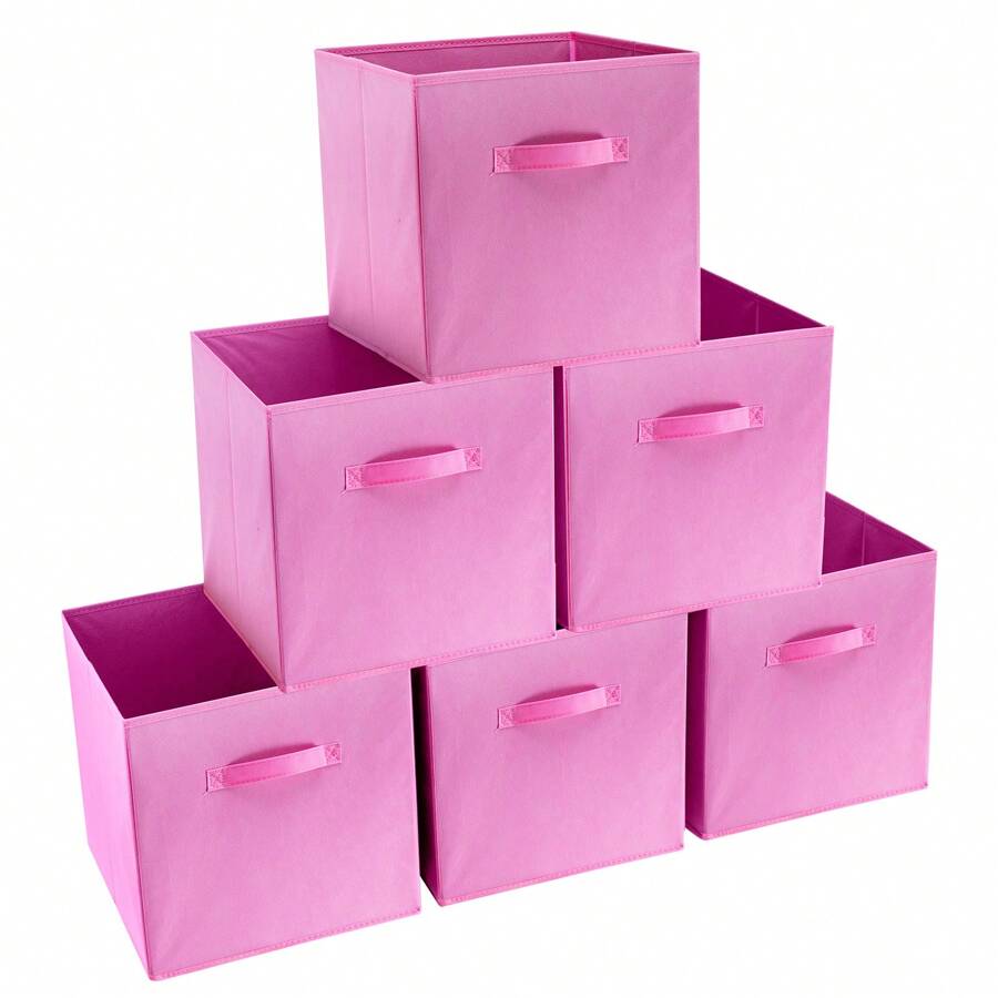 Set Of 6 Foldable Cube Storage Boxes Organiser Basket Containers Handles Home Office - Rosa - Ver 1