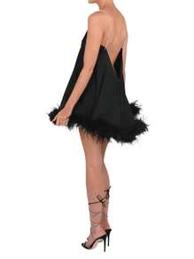 Women Fashion Mini Dress Solid Color Plush Trim V-Neck Chain Spaghetti Strap Sling Dress Summer Sleeveless Backless Party Dress - 黑色 - 查看 4