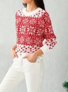 Women's Christmas Snowflake Sweater Long Sleeve Knitted Pullover Reindeer Patterned Crewneck Xmas Blouse - 紅色 - 查看 2