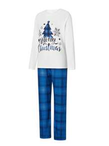 Family Matching Mom Christmas Pajamas Christmas TreeLetter Print Long-Sleeved Tops + Plaid Trousers Sleepwear Outfits
