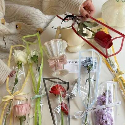 50pcs Single Rose Sleeves Flower Wrapping Bag Bouquet Packaging Bags Clear Cellophane Floral Wrappers For Valentine's Day