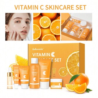 lakerain 6-Piece Vitamin C Skincare Set, Including Toner, Serum, Eye Cream, Moisturizer, Sunscreen, And Cleansing Gel. Deep Hydration, Gradually Fades Spots And Acne Marks