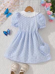 Young Girls Spring/Summer Jacquard Fabric Peter Pan Collar Floral 3D Decor Elegant Cute Style Dress, With Heart Handbag - Blue - View 5