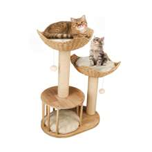 BingoPaw Scratching Post Cat Tree Stable: 3 Levels Modern Cat Scratching Post Climbing Tree With 2 Wicker Baskets Cat Bed Cat Cave Platform Plush Ball 99cm High Cat Furniture Occupation Scratching - Beige - View 9