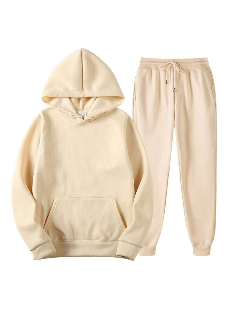 2Pcs Womens Spring Fall Sportswear Solid Color Hooded Long Sleeves Sweatshirt Drawstring Slacks Set Streetwear - 卡其色 - 查看 1