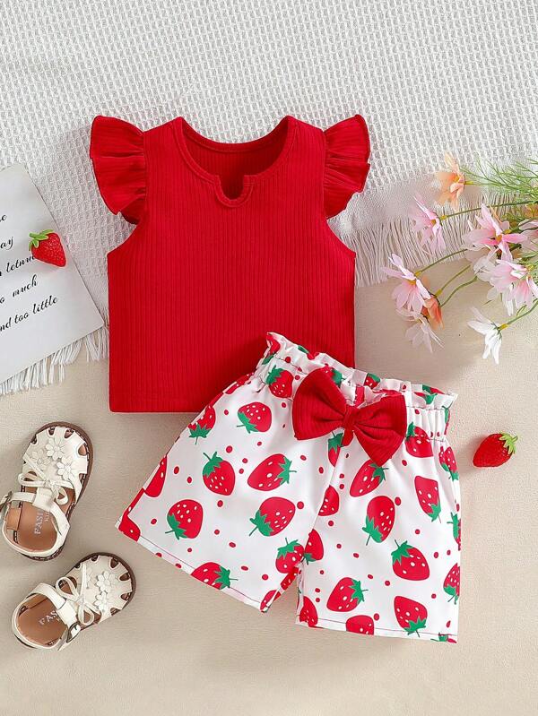 Baby Girls' Crew Neck Cap Sleeve Cute Strawberry Bow & Bubble Shorts 2Pcs Set, Casual Outfits For Spring/Summer