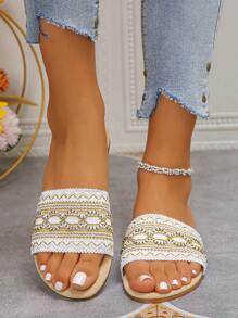 Sandalias tipo mule de suela plana de color beige sólido para interiores y exteriores, de diseño ligero con plantilla bordada, casual para caminar en el parque, adecuadas para todas las estaciones, calzado de mujer