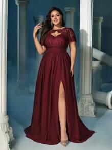 優雅大尺碼女款婚禮伴娘賓客長洋裝，春夏蕾絲雪紡正式舞會雞尾酒會晚禮服 - 酒紅色 - 查看 5
